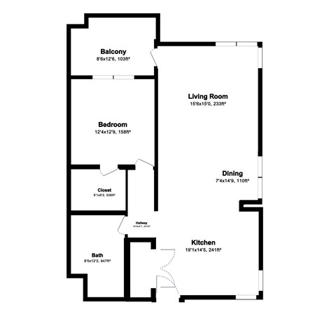 Floor plan for 1 bed, 1 bath, 935 sqft